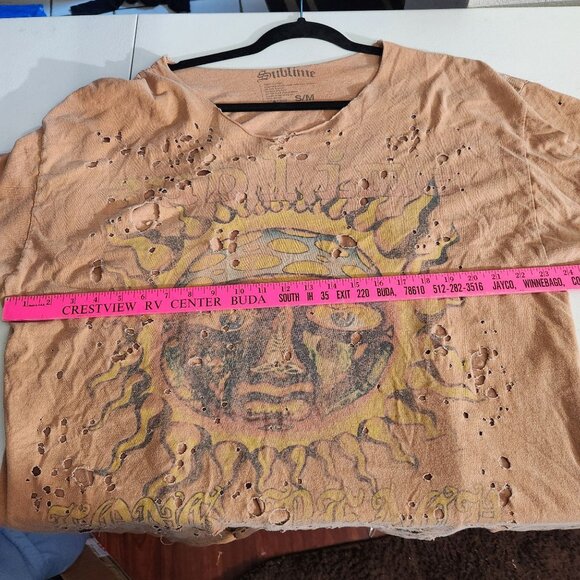 Sublime Distressed Oversized T-Shirt S/M Brown Cotton Graphic Sun Design Short S - Picture 7 of 10
